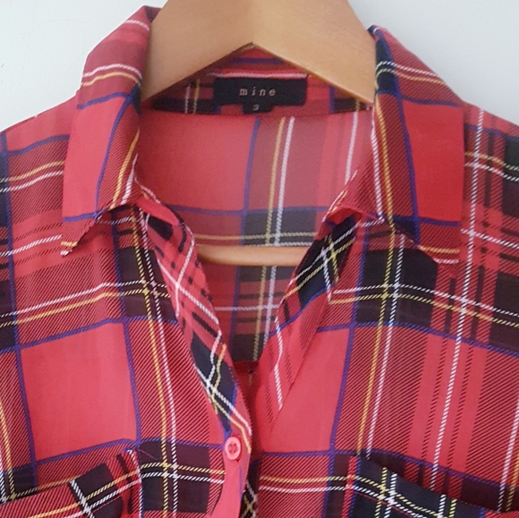 MINE Red Plaid Front Button Collared Chiffon Shirt - Picture 3 of 11
